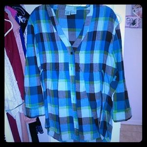 Blue and green plaid tunic style shirt
